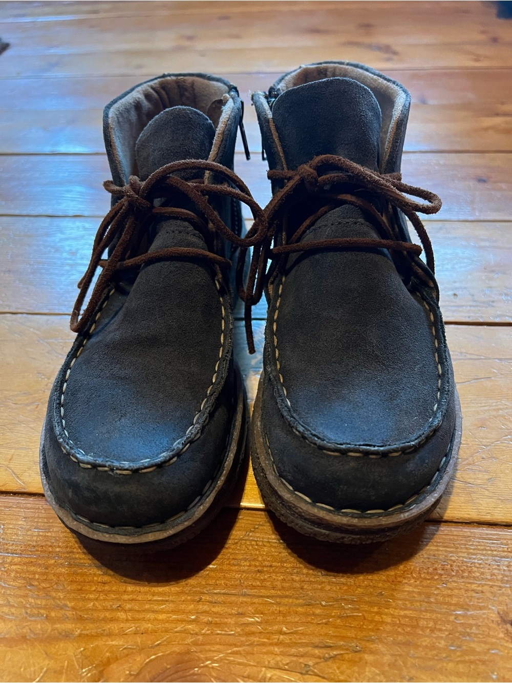 Born Women's Dark Gray Suede Ankle Booties with Brown Laces